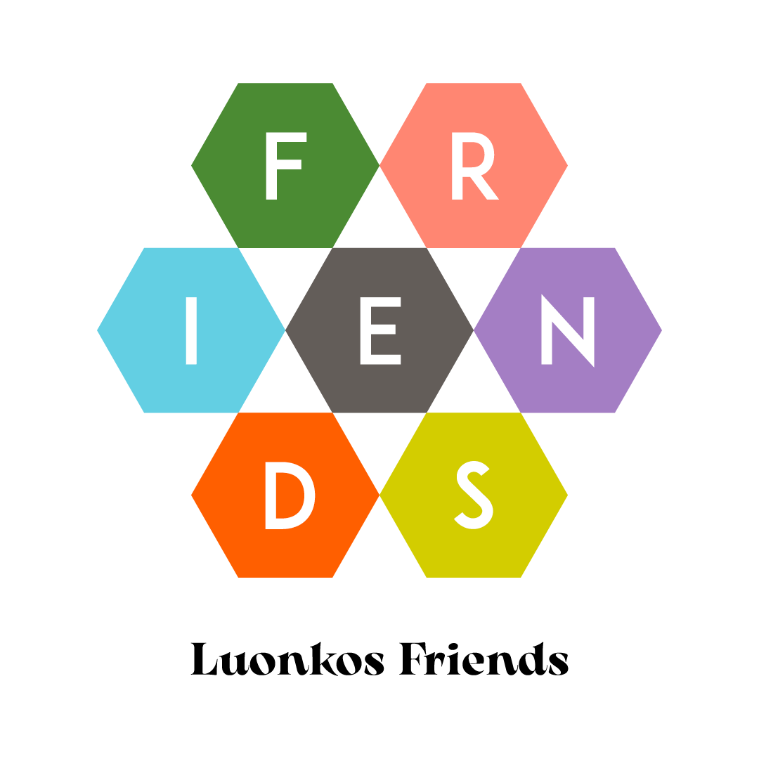 Colorful hexagonal blocks spelling FRIENDS representing Luonkos Friends loyalty program and sustainable Luonkos tuotteet benefits.