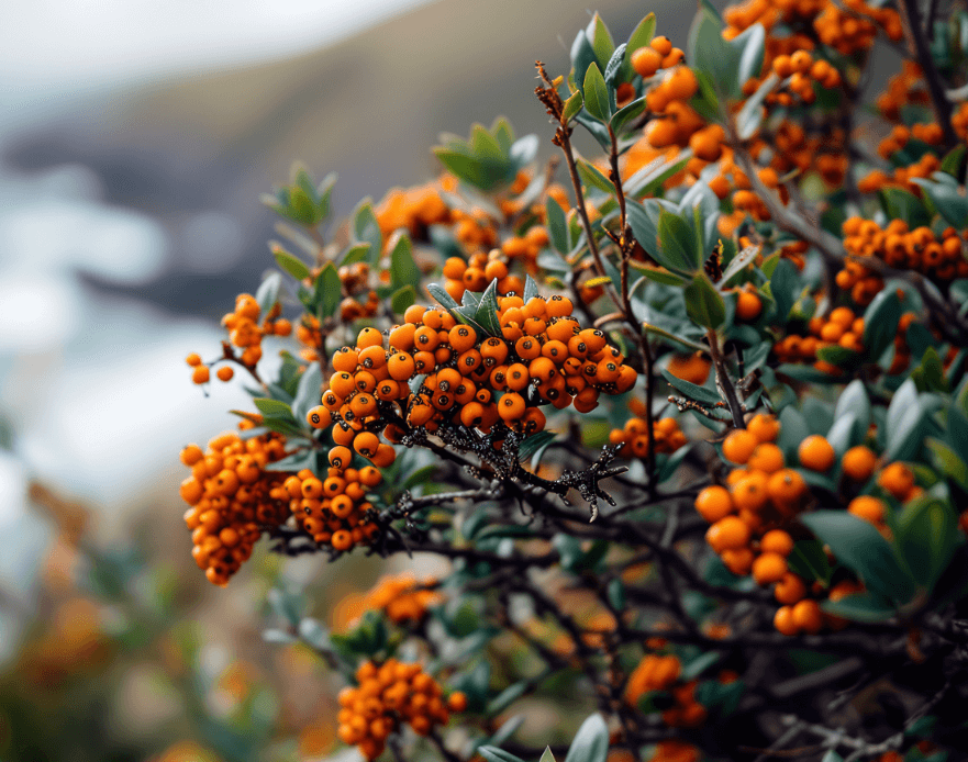Close-up of bright orange autumn berries on green leafy branches against a blurred natural background.