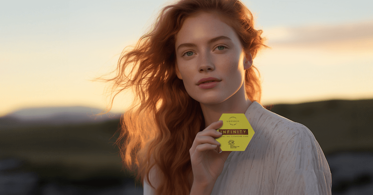 Woman with red hair holding Luonkos Infinity oil cleansing cake outdoor at sunset, promoting eco-friendly Öljypuhdistuskakut for gentle facial skincare.