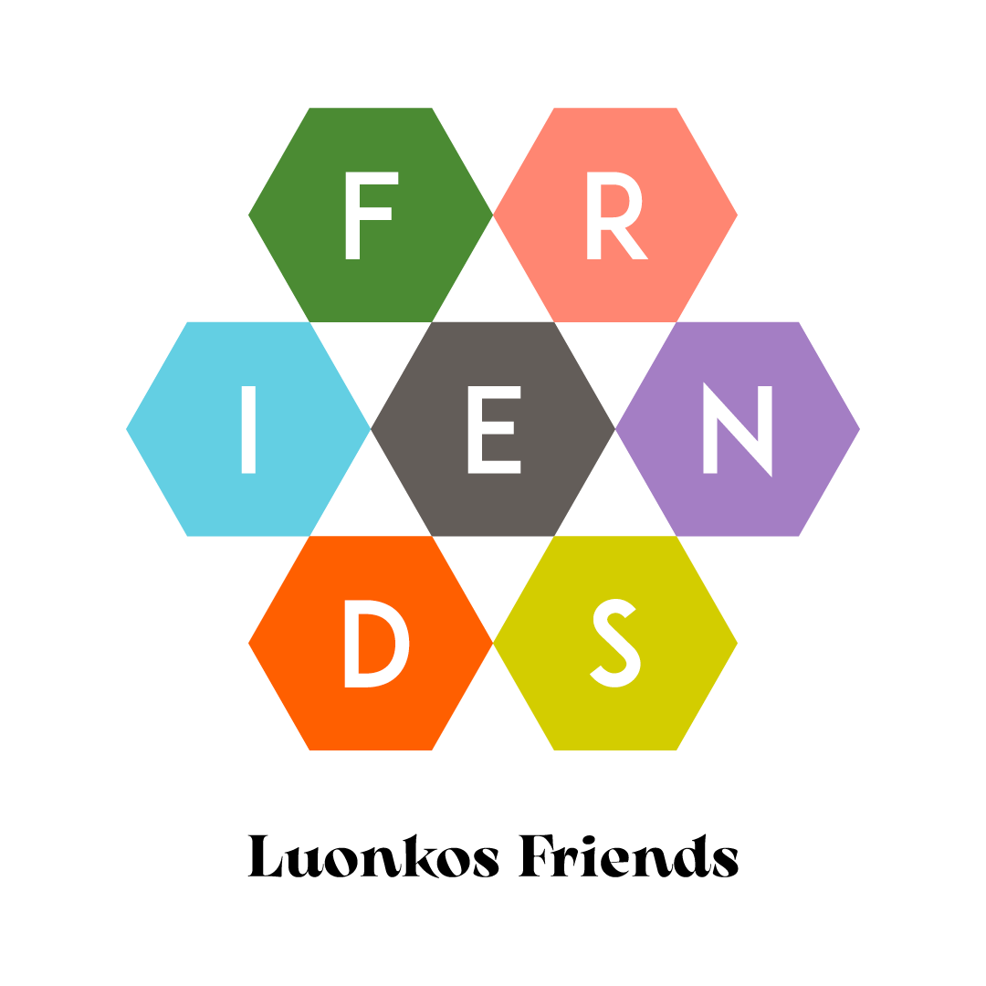 Colorful hexagonal blocks spelling FRIENDS representing Luonkos Friends loyalty program and sustainable Luonkos tuotteet benefits.