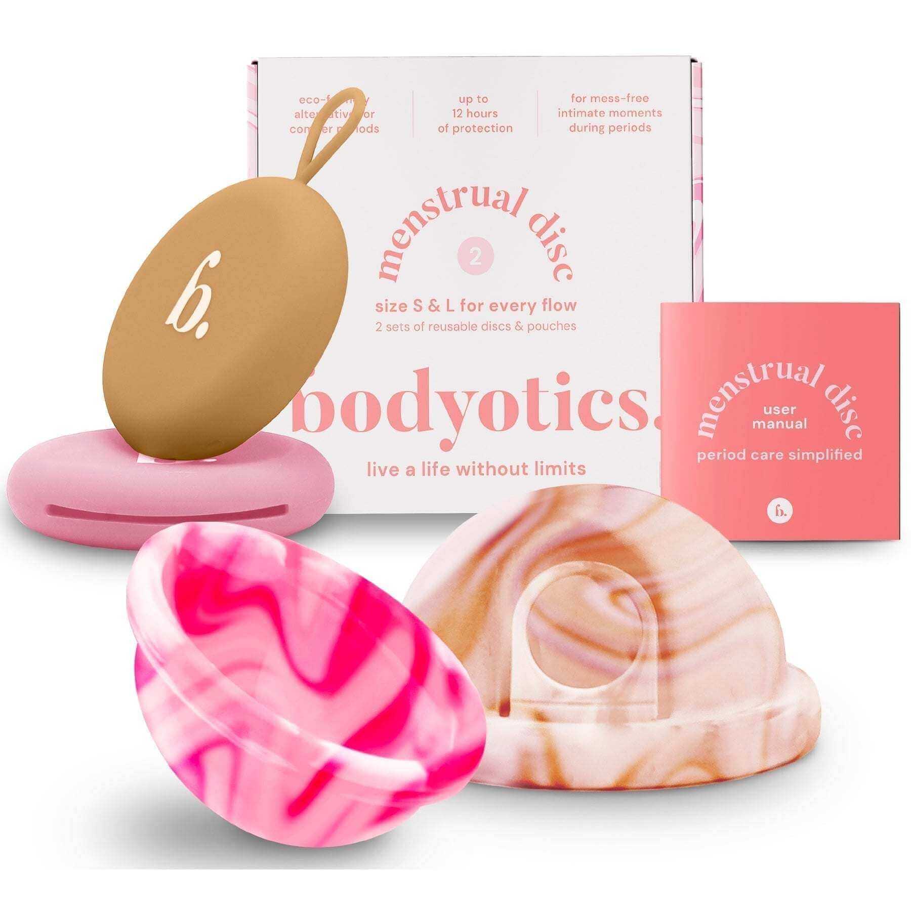 Bodyotics kuukautislevy beige ja pinkki S ja L koot hygieniapussilla