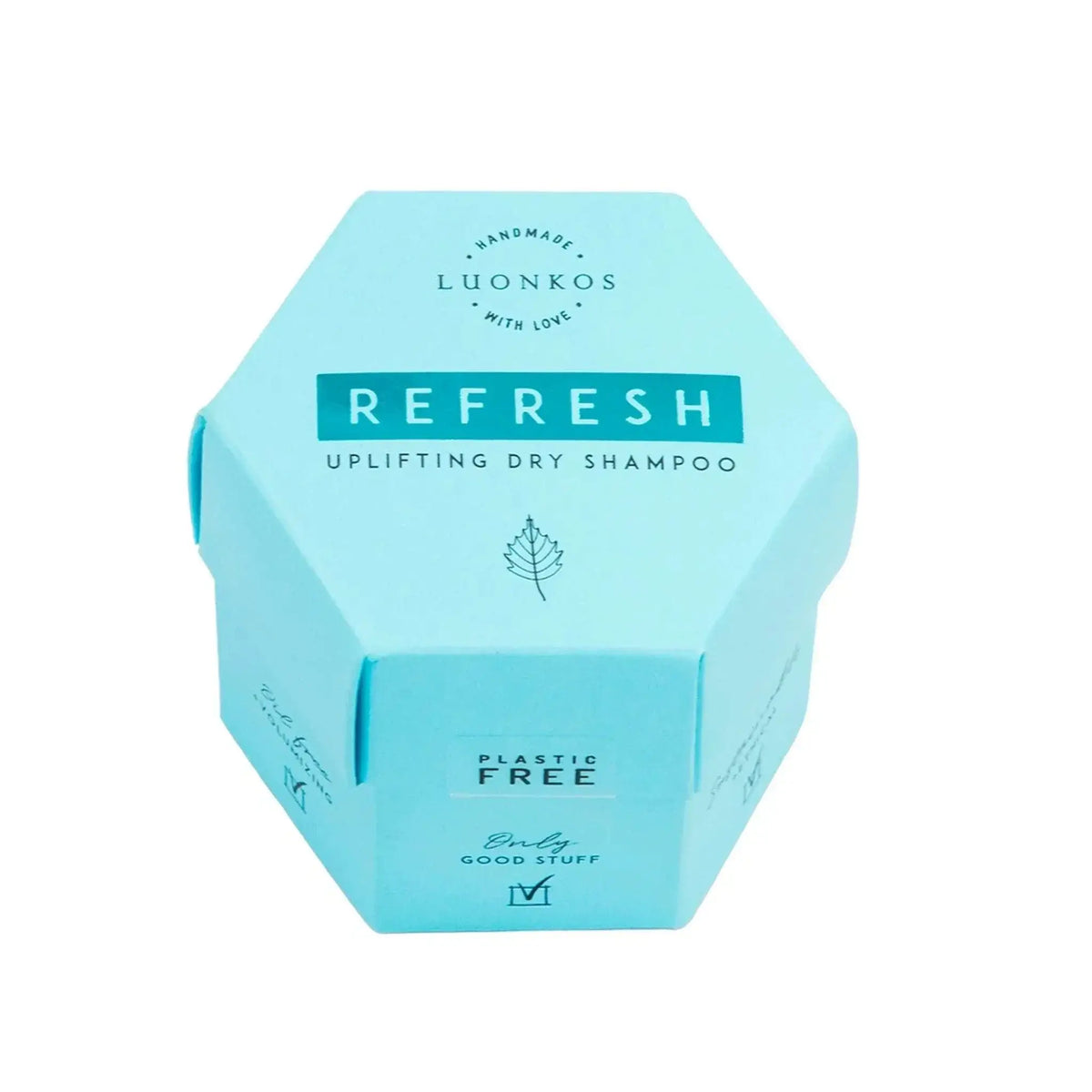 Luonkos Refresh uplifting dry shampoo in plastic-free blue hexagonal packaging for volumizing and refreshing hair