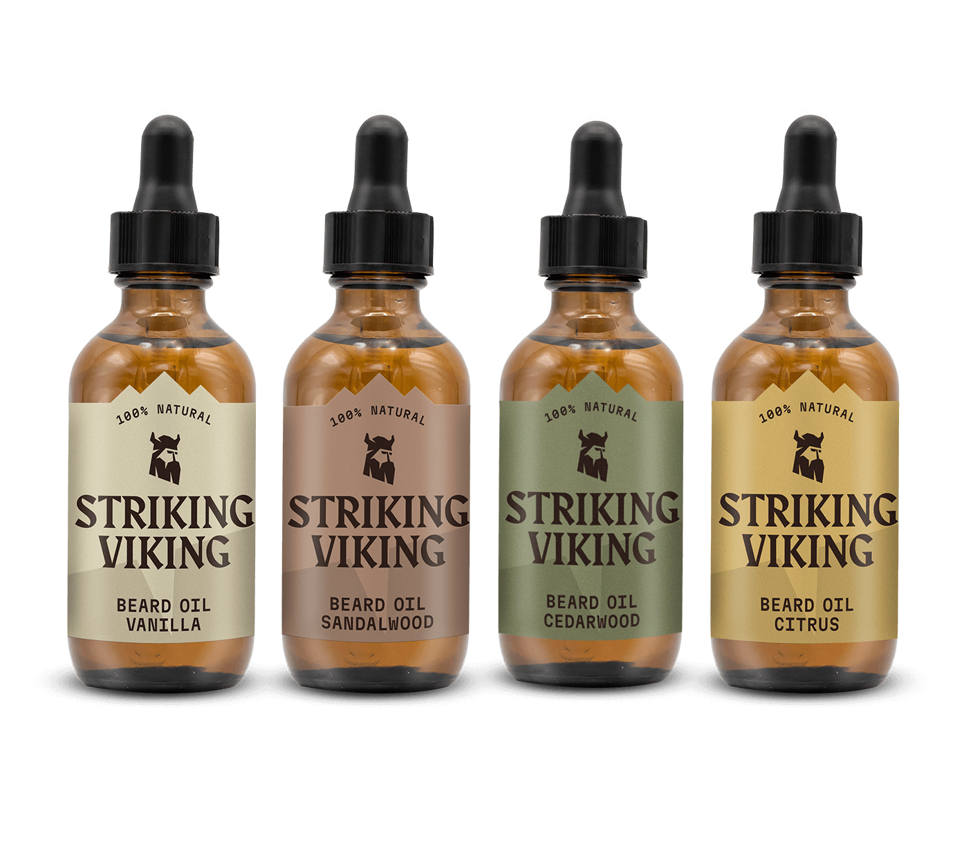 Striking Viking beard oil gift set with vanilla, sandalwood, cedarwood, and citrus scents in 100% natural bottles
