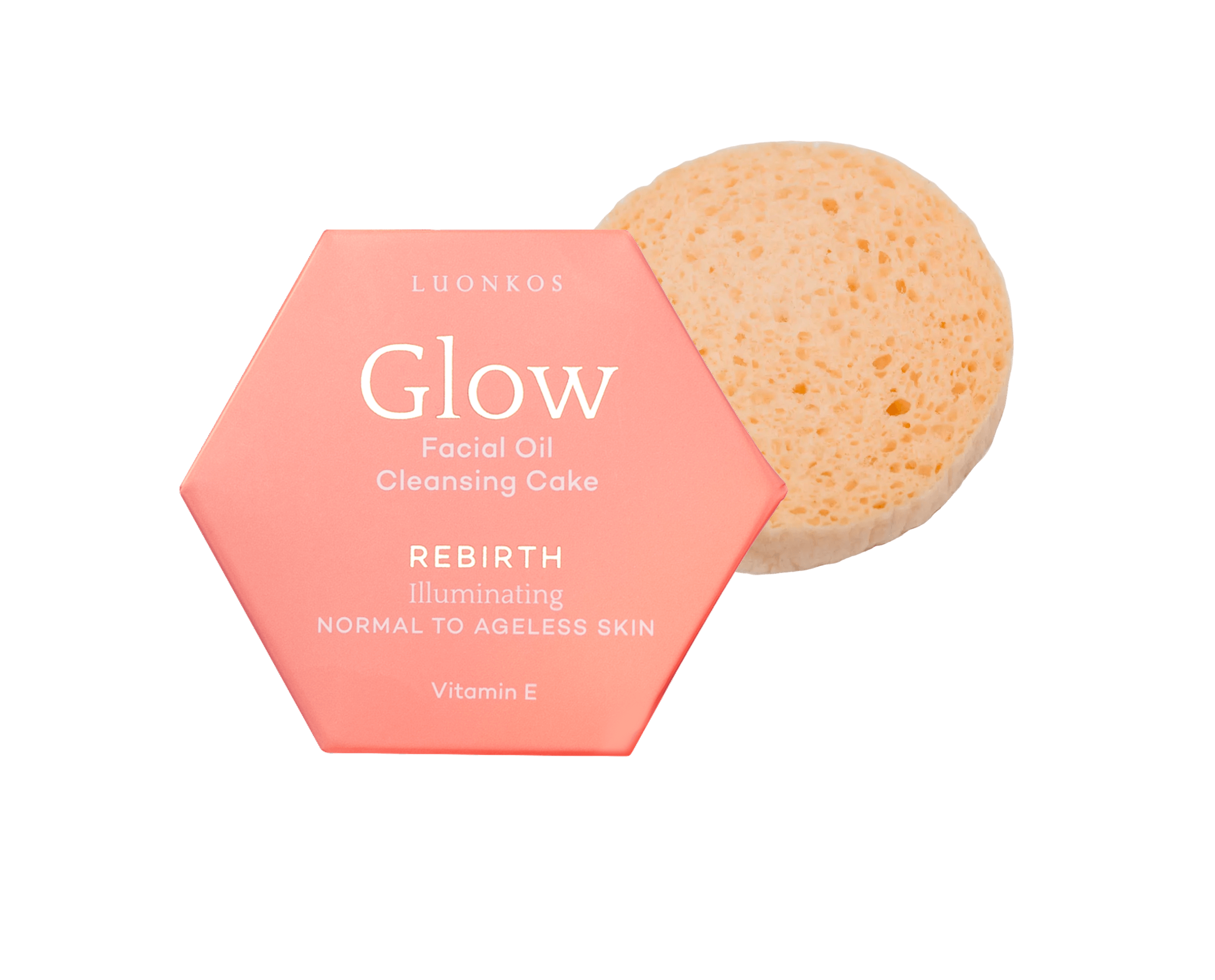 Luonkos Glow Rebirth öljypuhdistuskakku vaaleanpunaisessa kuusikulmaisessa pakkauksessa ja ekologinen kasvosieni