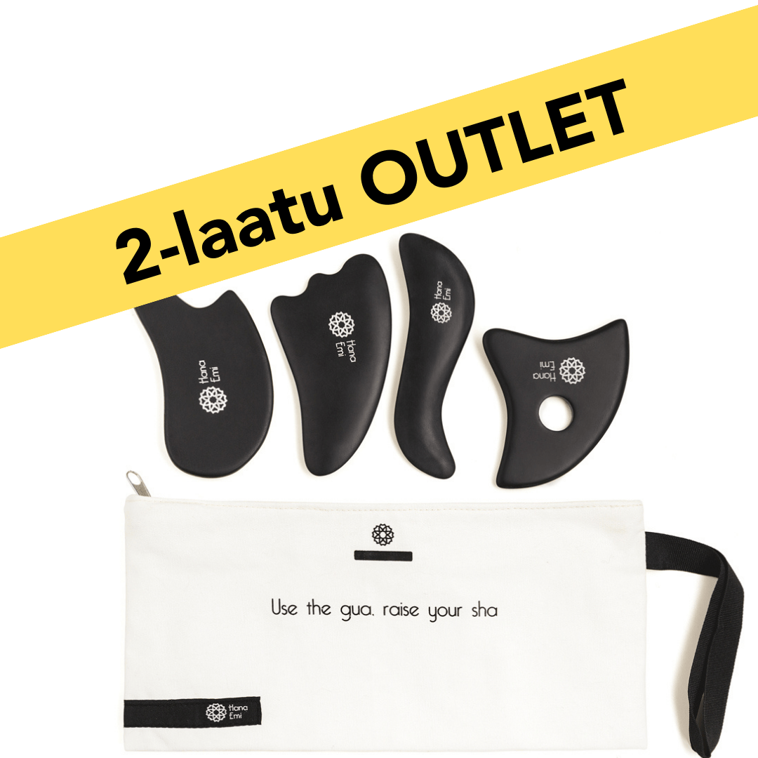 Four-piece Gua Sha hierontakivisetti with black Bian stones and white carrying pouch for face and body massage, 2-laatu outlet offer