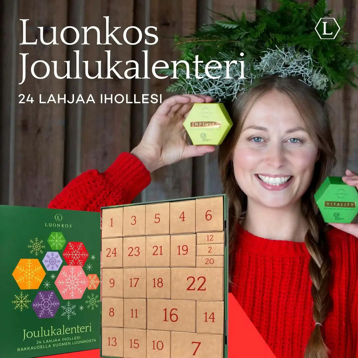 Luonkos joulukalenteri luonnonkosmetiikkaa kasvoille ja vartalolle 24 tuotetta jouluksi
