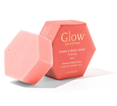 pink hexagonal Luonkos Glow Devotion hand and body soap bar with matching box featuring apricot kernel oil for normal to mature skin, natural vegan formula