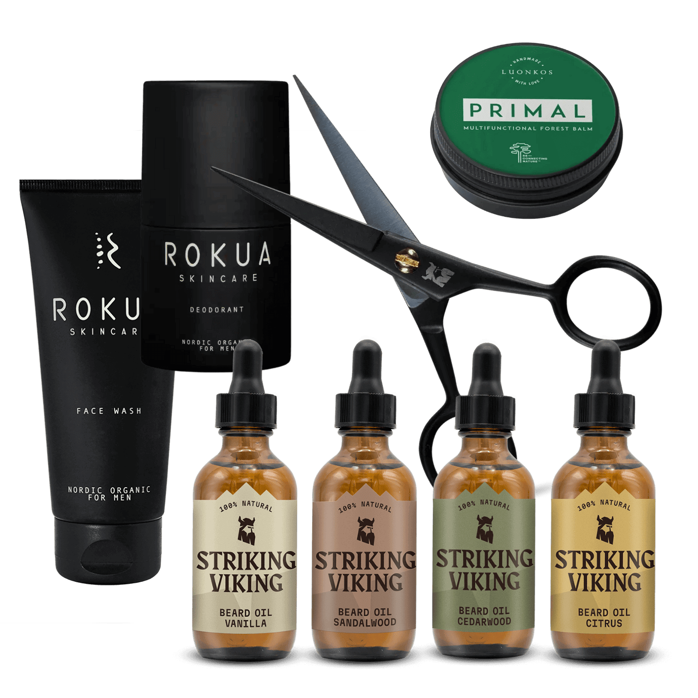 Miehen ihonhoidon täydellinen lahjasetti – Primal voide, Rokua Face Wash, Rokua deodorantti, partasakset ja Striking Viking partaöljyt nelipakkaus