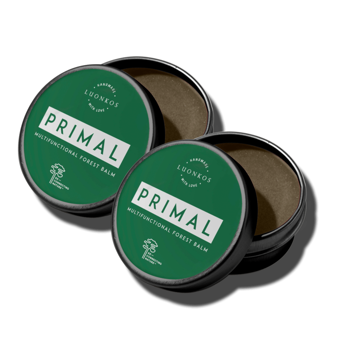 Kaksi Luonkos Primal metsämikrobivoide 30ml purkkia – toinen auki, toinen kiinni, vihreä pakkaus