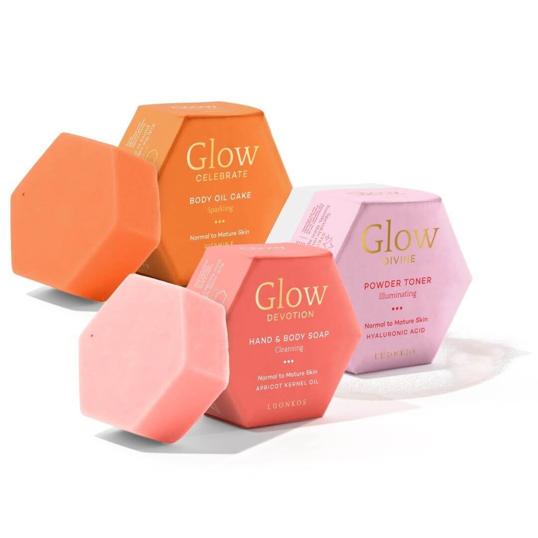 Luonkos Born to Glow setti with natural hand and body soap, powder toner, and sparkling body oil cake for glowing, hydrated skin