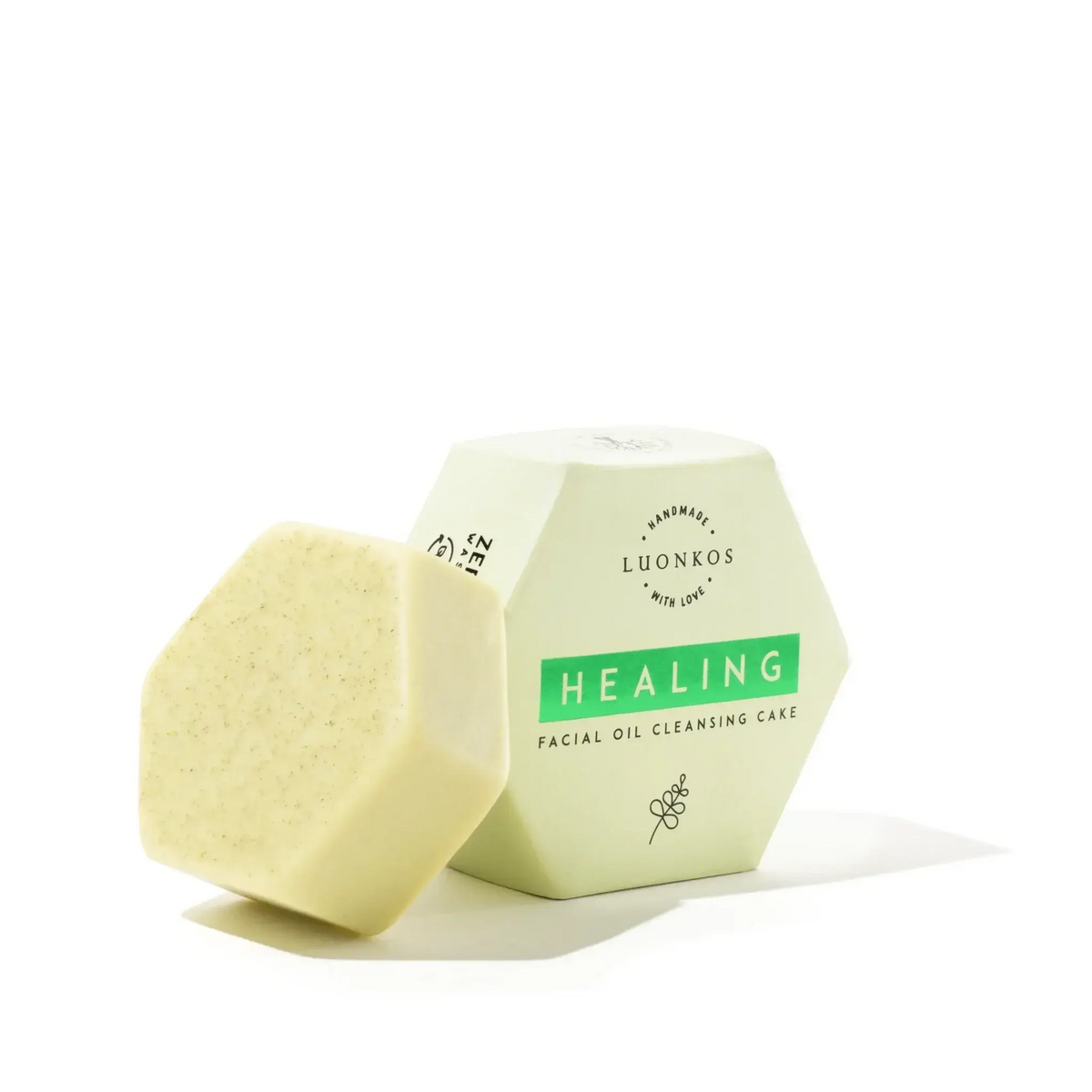 Healing facial oil cleansing cake for oily and combination skin, natural ingredients, vegan and pH-neutral öljypuhdistus product by Luonkos.