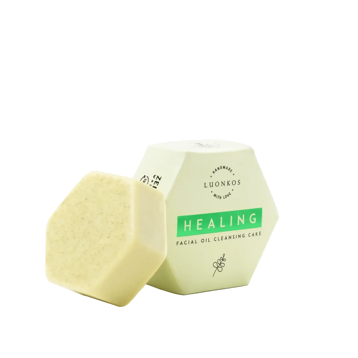 Healing facial oil cleansing cake for oily and combination skin, natural ingredients, vegan and pH-neutral öljypuhdistus product by Luonkos.