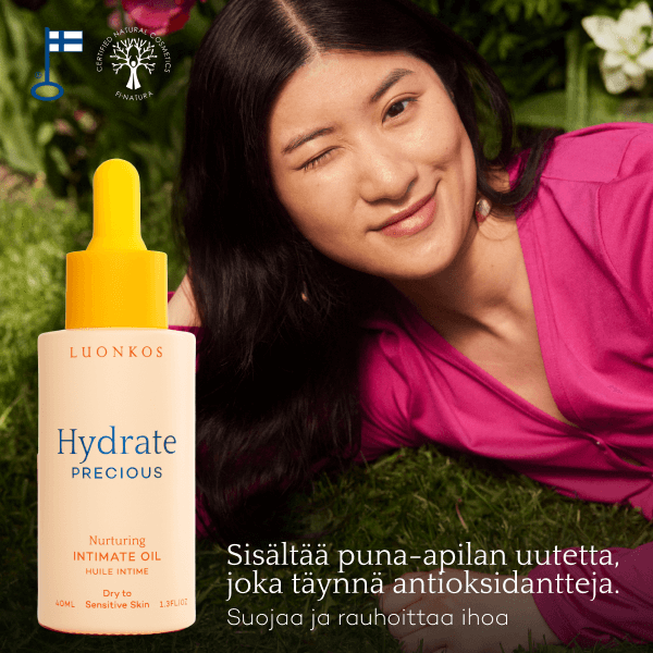 Luonkos Precious intiimiöljy in eco-friendly packaging, nourishing and soothing intimate oil with antioxidant-rich red clover extract.