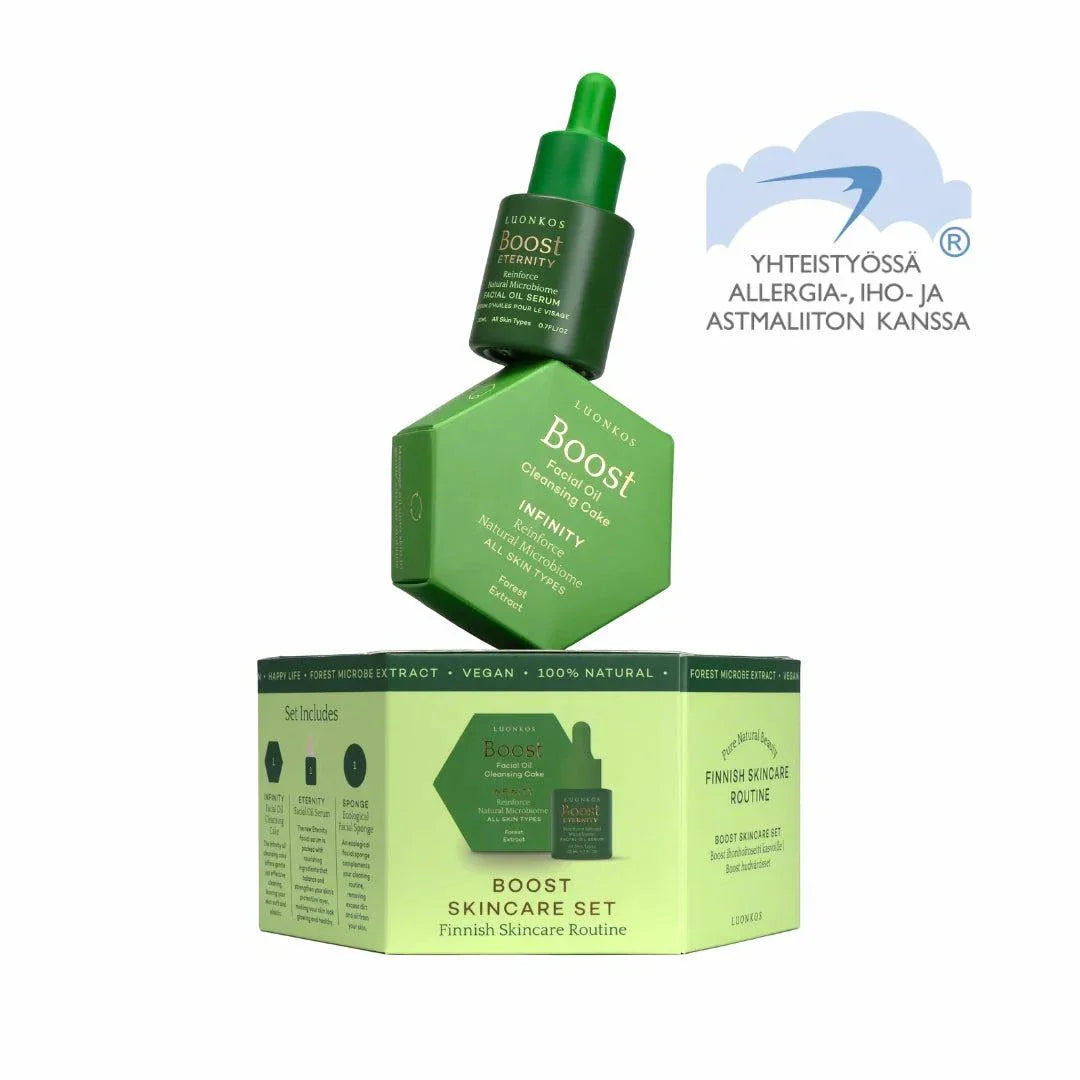 Luonkos Boost Finnish natural skincare set with oil cleansing bar and serum for all skin types