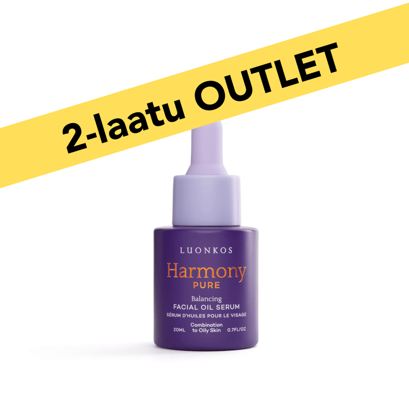 Purple 20ml bottle of 2-laatuinen öljyseerumi balancing facial oil serum for combination to oily skin with yellow 2-laatu outlet banner