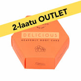 2-laatu taivaallinen vartaloöljykakku orange vegan organic body cake packaging with outlet label