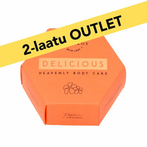 2-laatu taivaallinen vartaloöljykakku orange vegan organic body cake packaging with outlet label