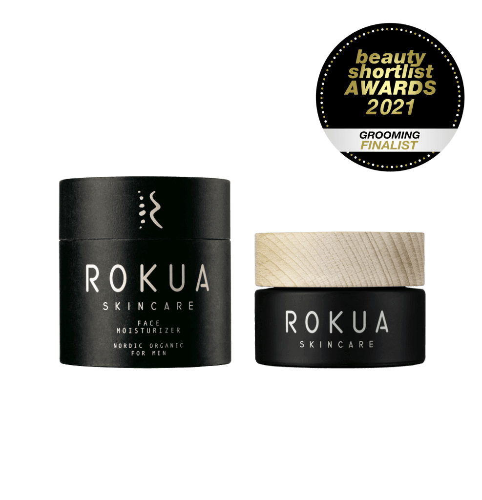 Rokua Face Moisturizer 50ml with natural ingredients in black jar and packaging, cooling and hydrating men&
