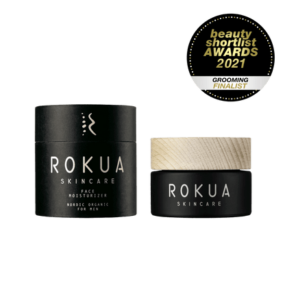 Rokua Face Moisturizer 50ml with natural ingredients in black jar and packaging, cooling and hydrating men&
