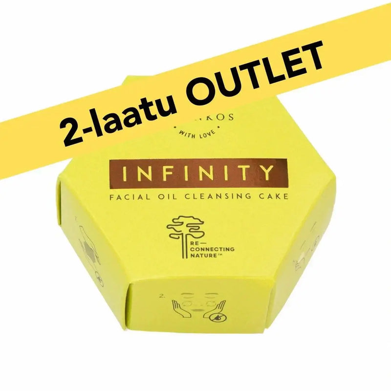 Yellow hexagonal box of Infinity facial oil cleansing cake with 2-laatu outlet label