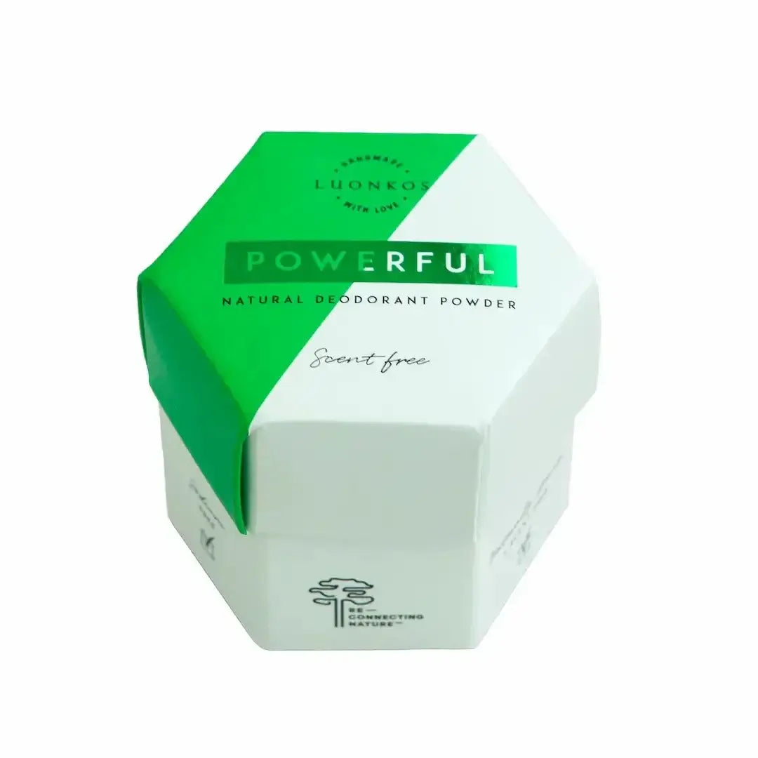 Jauhedeodorantti Powerful natural scent-free deodorant powder in eco-friendly hexagonal packaging