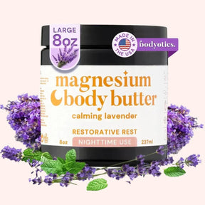 Bodyotics Nighttime Magnesium Butter calming lavender restorative rest 8oz jar with lavender and mint leaves