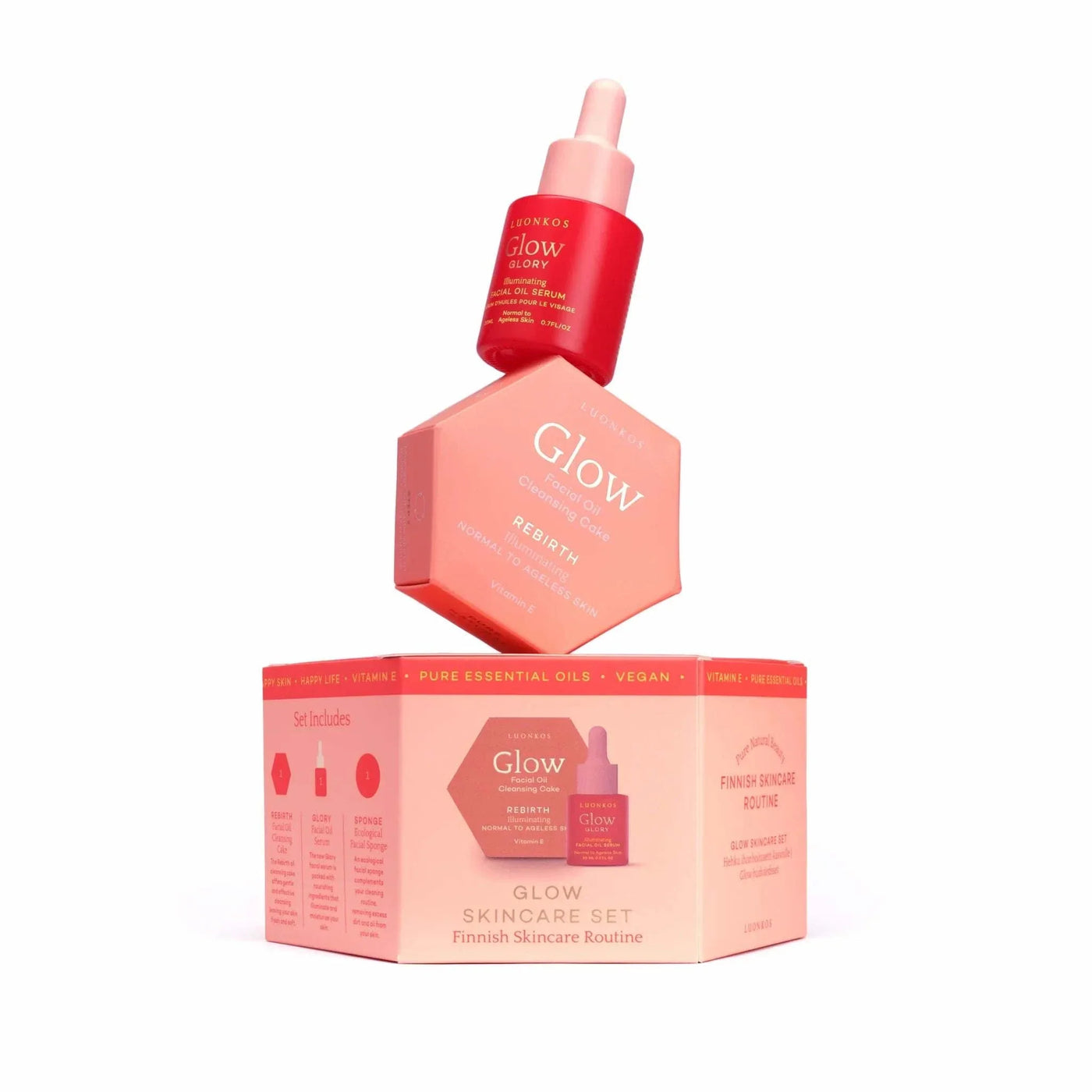 Glow & Shine ihonhoitosetti with oil cleansing bar, facial sponge, and nourishing serum for radiant skin