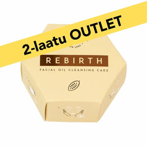 2-laatuinen Rebirth öljypuhdistuskakku kasvoille luonnollisilla ainesosilla ja antioksidanteilla, vegaaninen ja pH-neutraali kuivan ihon hoitoon.
