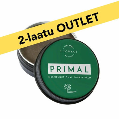 Primal metsämikrobivoide 30 ml multifunctional forest balm in green tin with 2-laatu outlet label