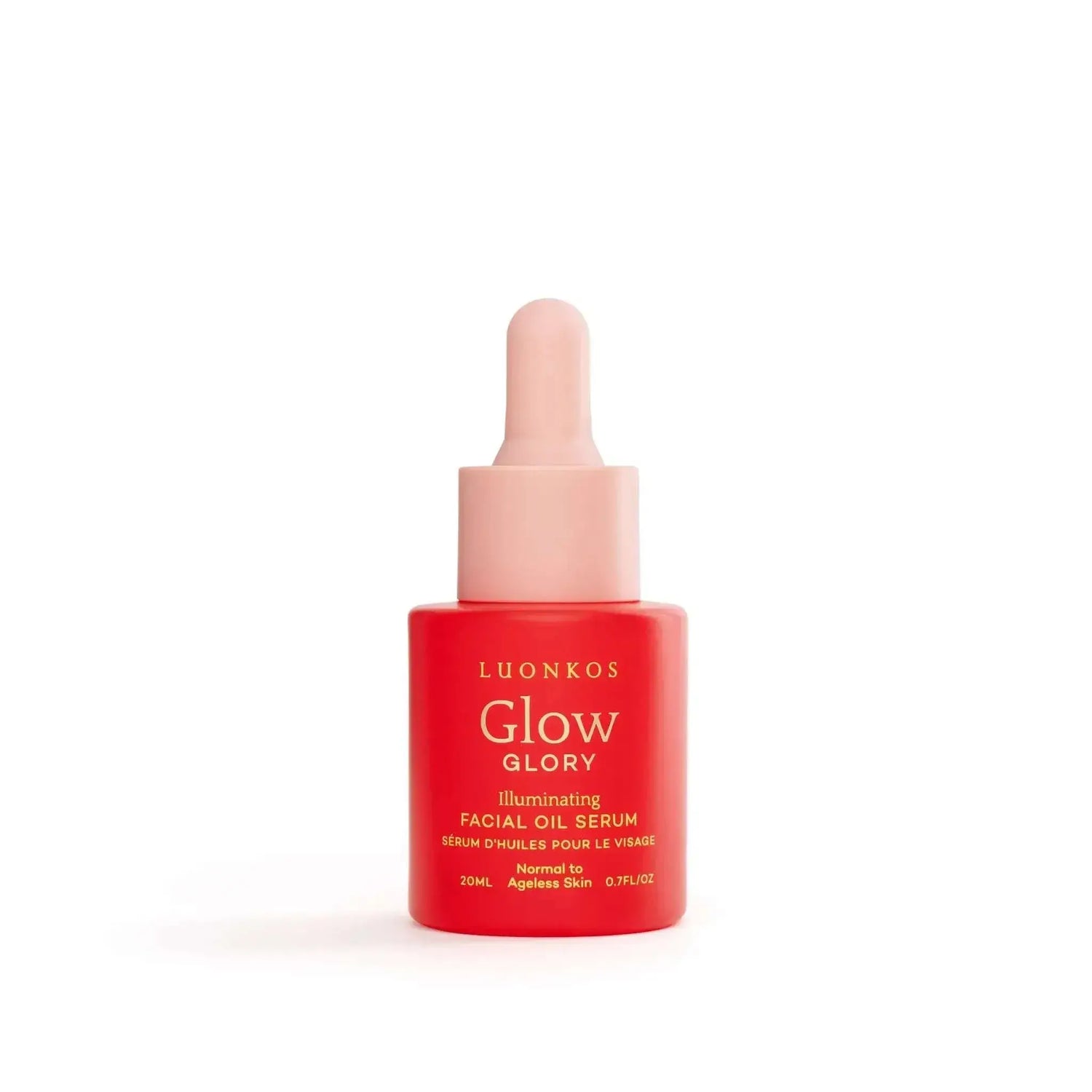 Luonkos Glory illuminating facial oil serum for aging skin in a 20ml red bottle with pink dropper cap