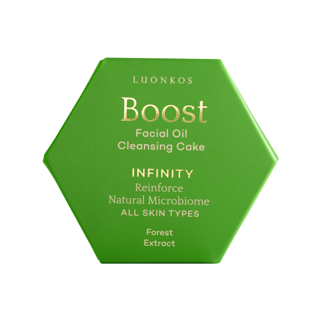 Luonkos Infinity puhdistusöljy kiinteä öljypuhdistuskakku suomalaisella metsämikrobiuutteella kasvoille