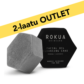 Rokua x Luonkos facial oil cleansing cake for men with charcoal, rosemary, and palmarosa essential oils, natural skincare product in black hexagonal packaging.