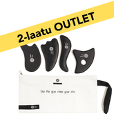 4-piece black Gua Sha hierontakivisetti with Bian stones for face and body massage, including a white carrying pouch.