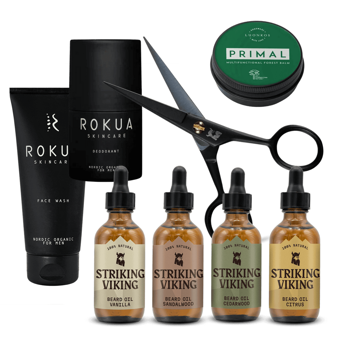 Miehen ihonhoidon täydellinen lahjasetti – Primal voide, Rokua Face Wash, Rokua deodorantti, partasakset ja Striking Viking partaöljyt nelipakkaus