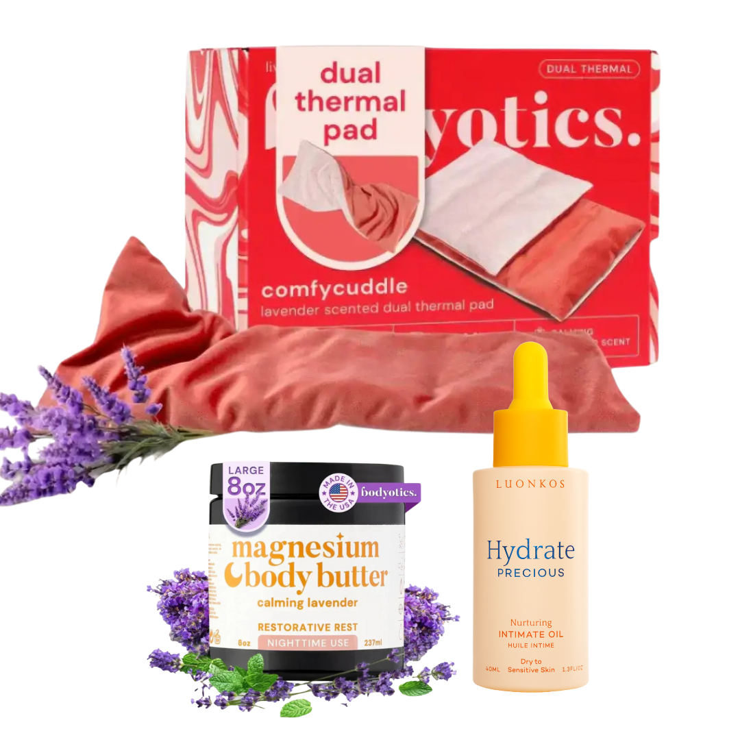 Hyvän olon setti – Bodyotics ComfyCuddle lämpötyyny, Bodyotics Magnesium Body Butter ja Luonkos Precious intiimiöljy