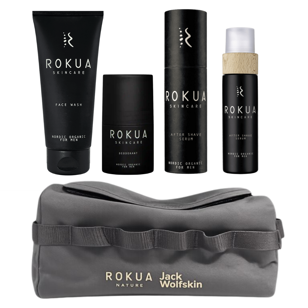 Rokua x Jack Wolfskin miesten ihonhoitosetti – kasvopesugeeli, deodorantti, after shave -seerumit ja hygienialaukku
