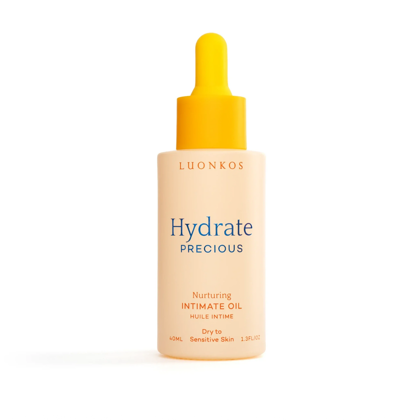 Luonkos Precious intimate oil 40ml bottle with yellow dropper for moisturizing and soothing sensitive skin.