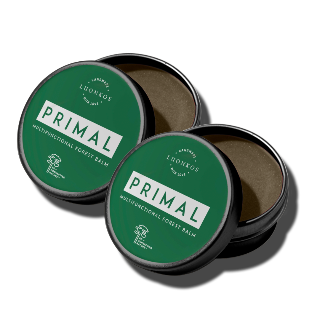 Kaksi Luonkos Primal metsämikrobivoide 30ml purkkia – toinen auki, toinen kiinni, vihreä pakkaus