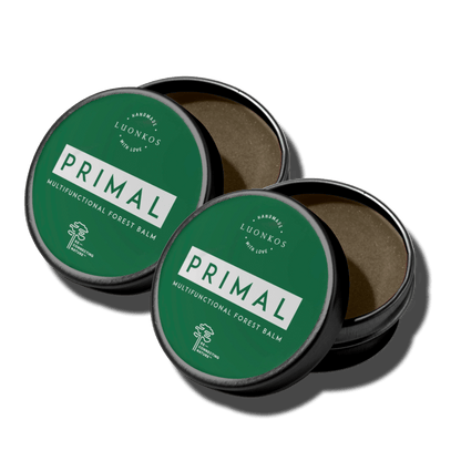 Kaksi Luonkos Primal metsämikrobivoide 30ml purkkia – toinen auki, toinen kiinni, vihreä pakkaus