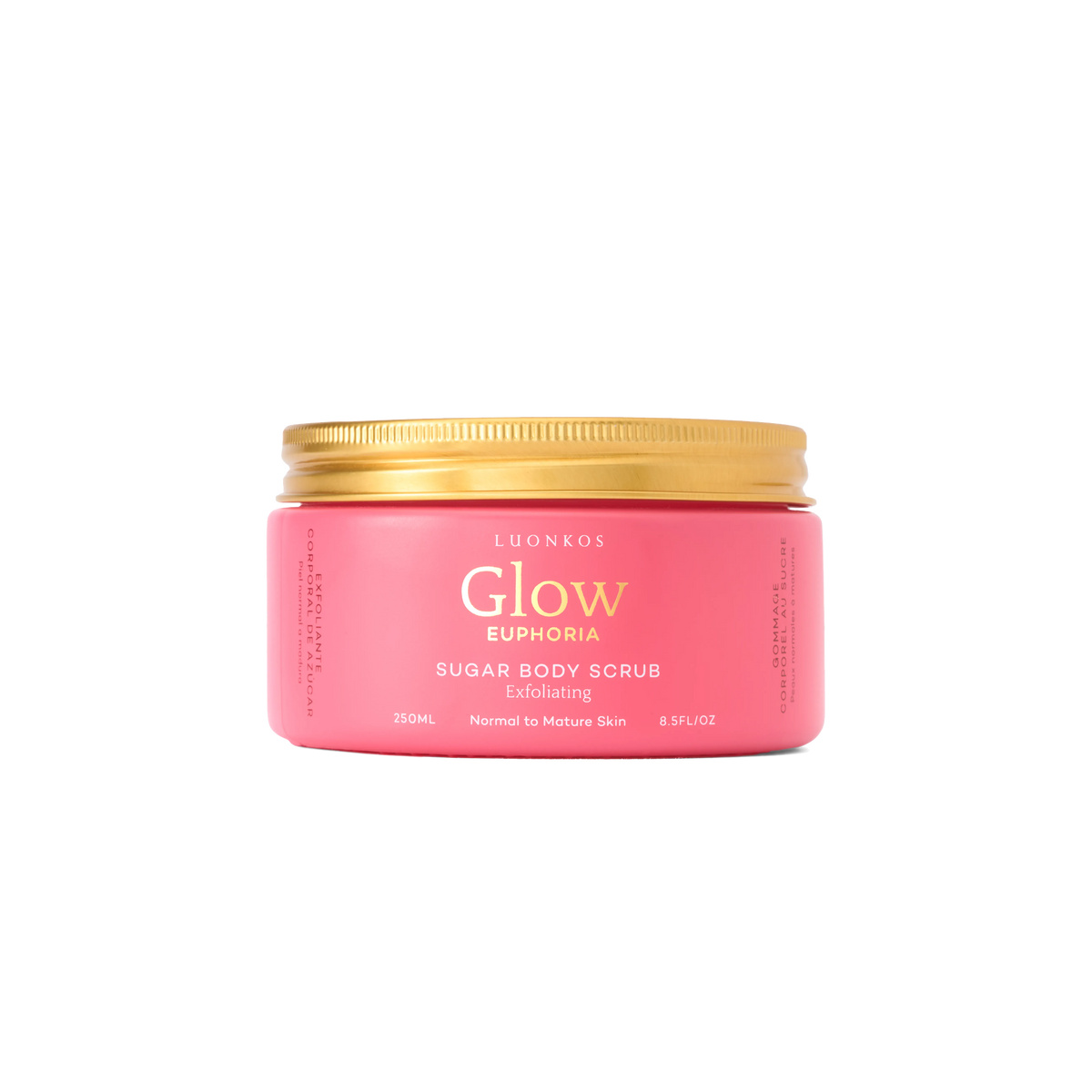 Euphoria sugar body scrub in a pink jar with a gold lid, for luxurious exfoliation and hydration.