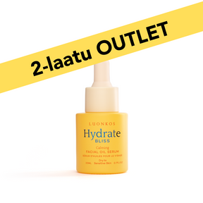 Yellow bottle of Bliss öljyseerumi kasvoille facial oil serum for dry and sensitive skin with 2-laatu outlet label