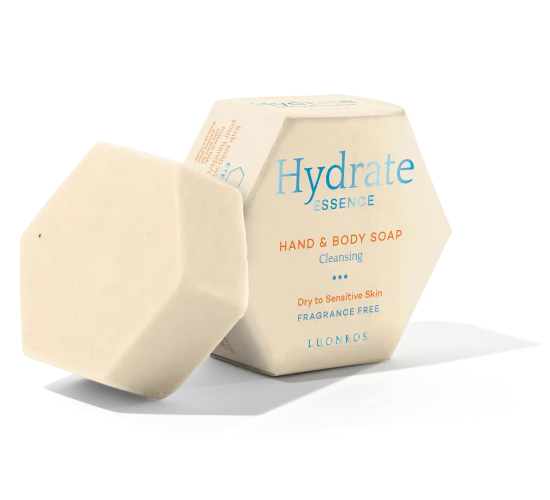 Luonkos Essence fragrance-free palasaippua for dry and sensitive skin, gentle hand and body soap with natural ingredients.