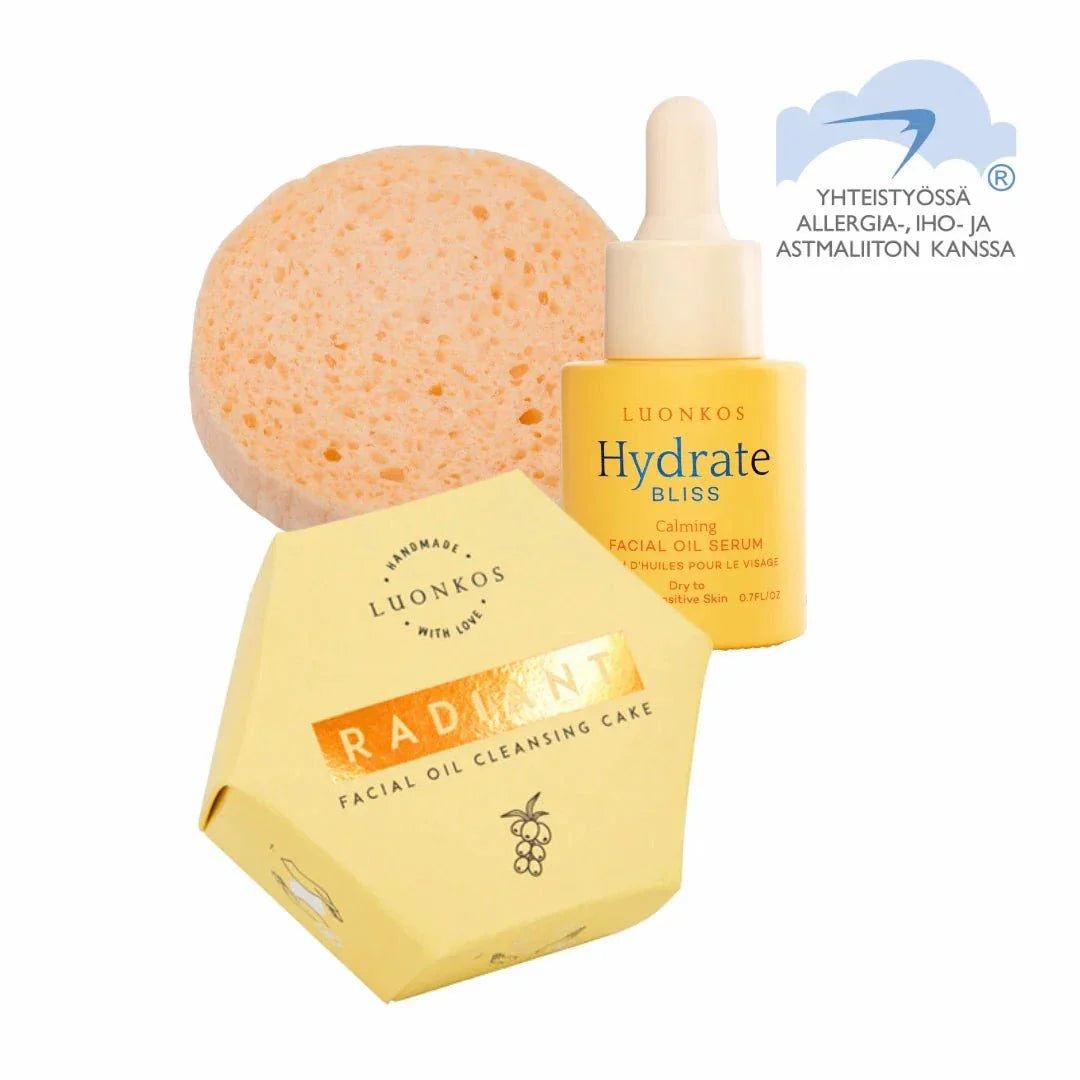 Luonkos Hydrate Ihonhoitosetti with facial oil cleansing cake, calming facial oil serum, and natural facial sponge for dry and sensitive skin care