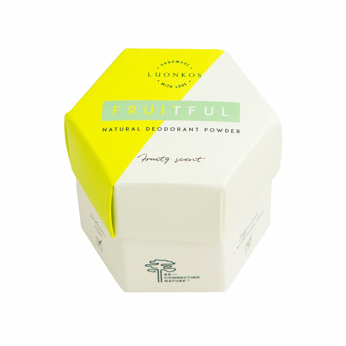 Luonkos Fruitful jauhedeodorantti with fruity scent in eco-friendly hexagonal packaging, natural powder deodorant without aluminum or soda.