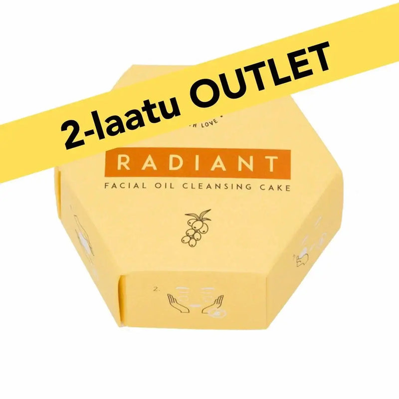 2-laatuinen Radiant öljypuhdistuskakku kasvoille, hajusteeton ja luonnollinen, sopii kuivalle ja herkälle iholle, poistaa tehokkaasti meikin ja epäpuhtaudet.