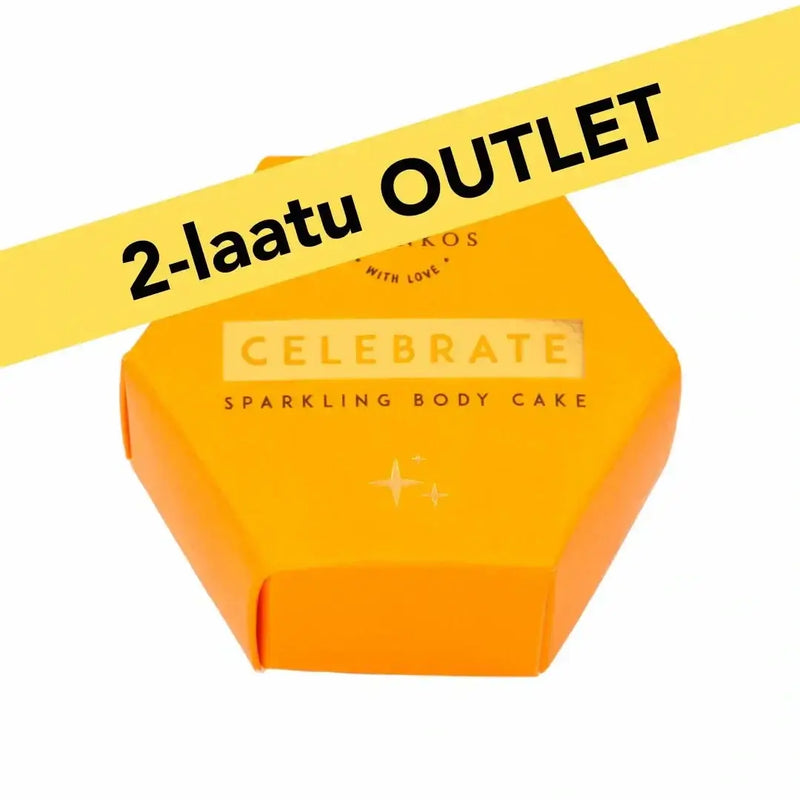 2-laatu Celebrate sparkling body oil cake in orange hexagonal packaging with 2-laatu outlet label