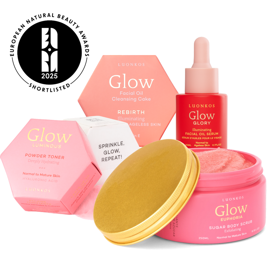 Luonkos Glow ihonhoitosetti aikuiselle iholle – Rebirth öljypuhdistuskakku, kasvoliina, Glory öljyseerumi, Luminous kasvovesi ja sokerivartalokuorinta
