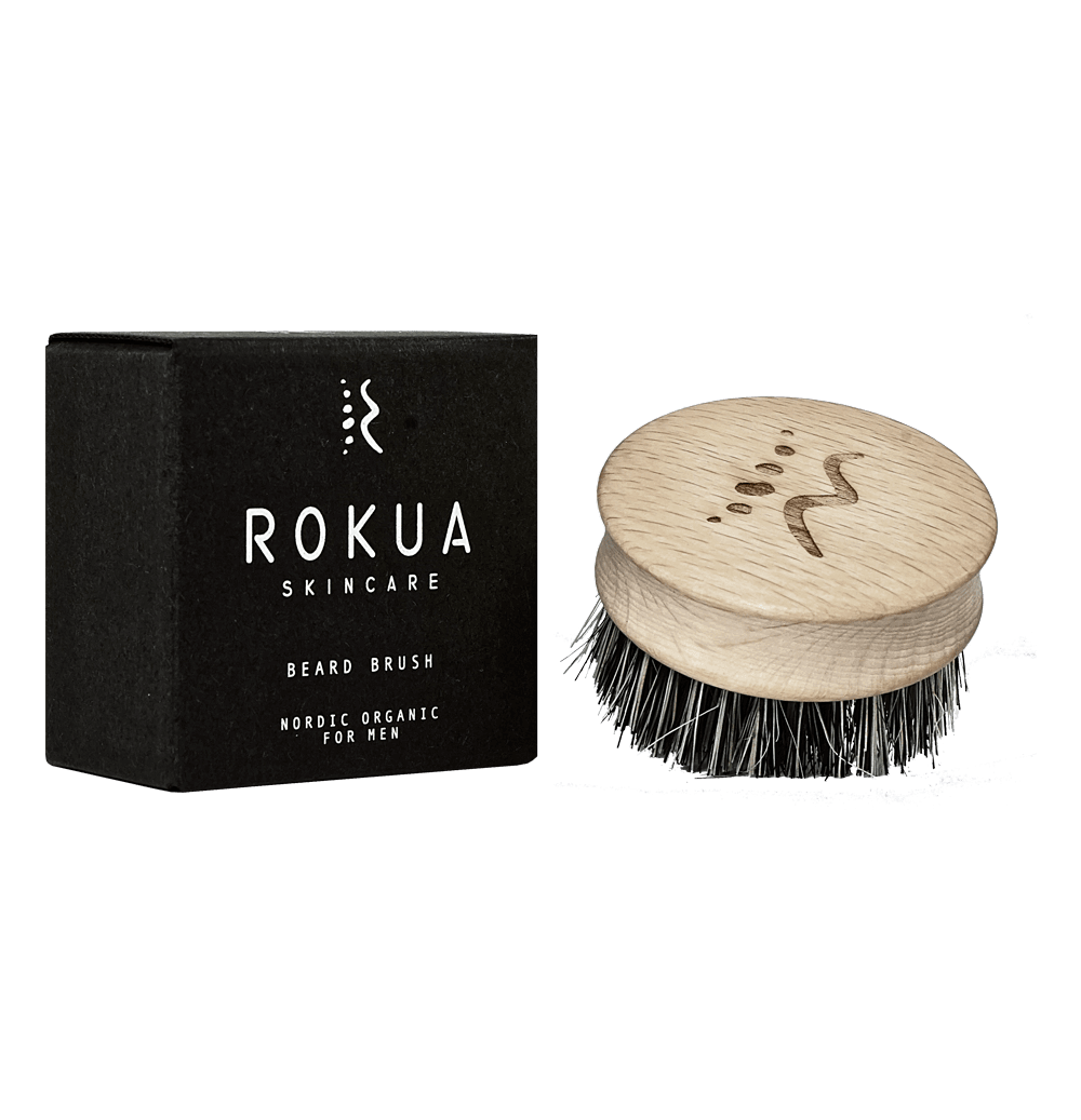 Rokua Beard Brush with wooden handle and natural bristles, vegan and 60mm diameter, for gentle beard grooming and exfoliation.