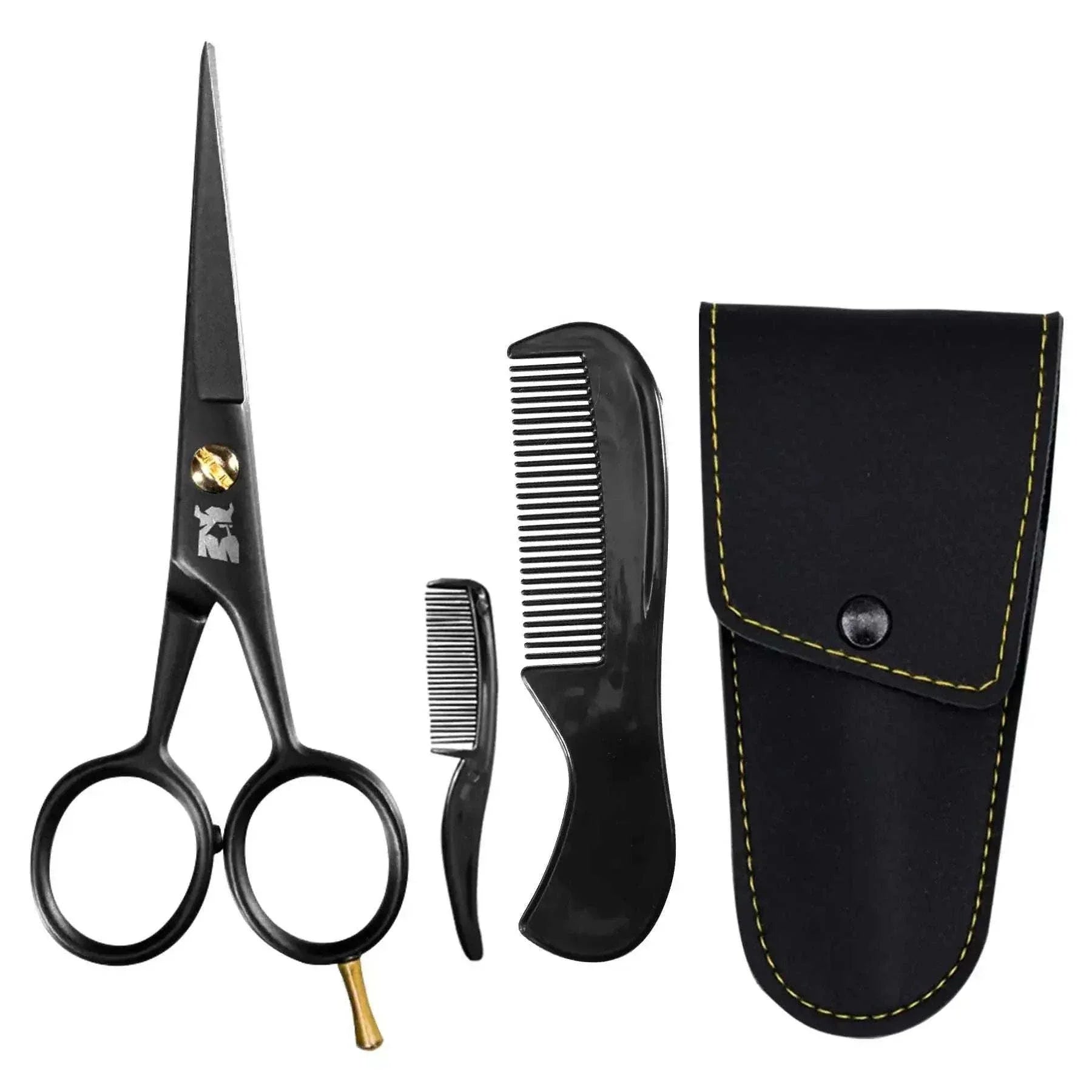 Striking Viking black stainless steel beard and mustache scissors set with combs and synthetic leather carrying case