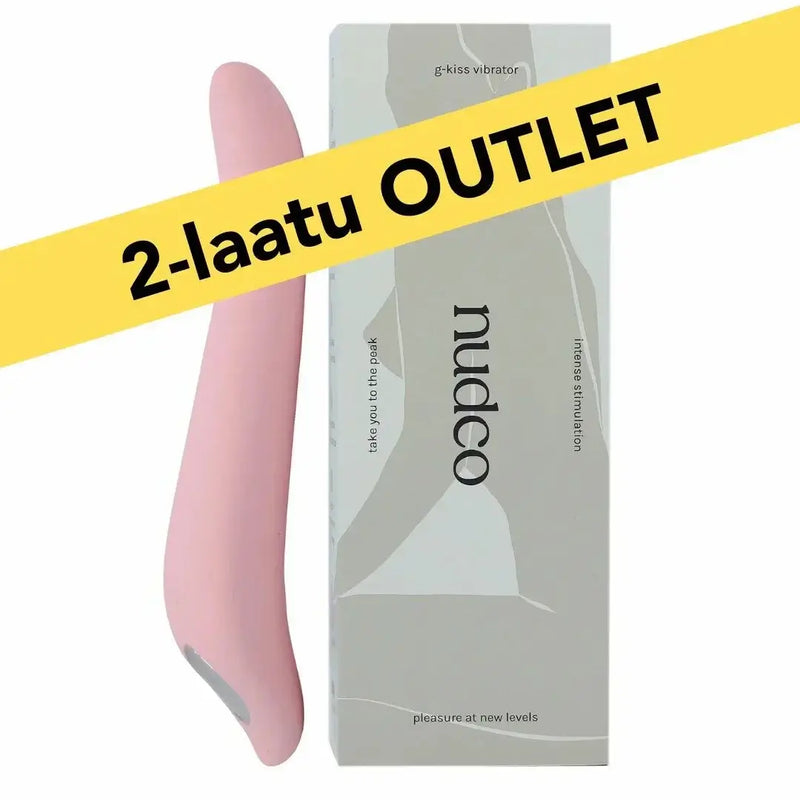 Nudco G-Kiss pink curved vibrator with smooth silicone surface and ergonomic design alongside product packaging labeled 2-laatu outlet.
